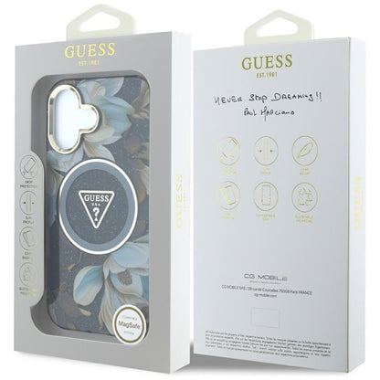 Guess Glitter Flowers Triangle Buttons MagSafe – dėklas iPhone 16 (juodas)