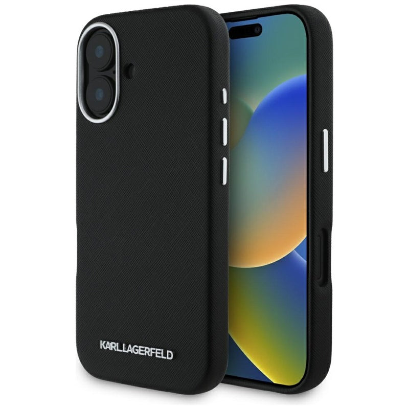 Karl Lagerfeld Saffiano Full Wrapped Elongated Metal Logo MagSafe – dėklas, skirtas iPhone 16 (juodas)