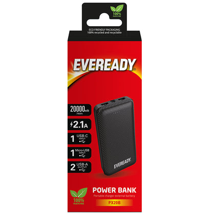 Eveready PX20B – išorinė baterija 20000 mAh, 2x USB-A (juoda)