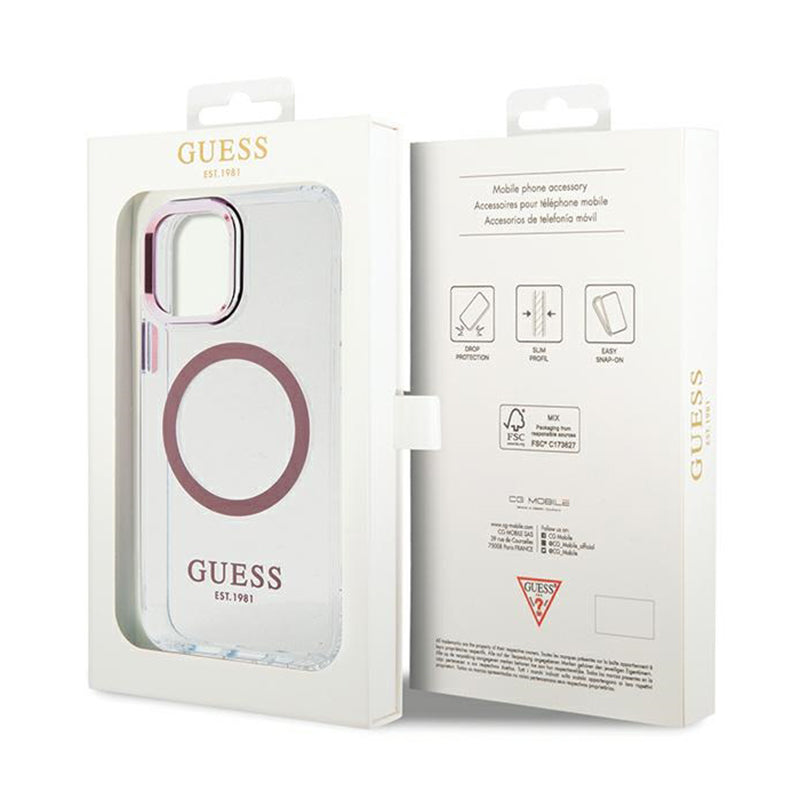 Guess Metal Outline MagSafe – „iPhone 12“ / „iPhone 12 Pro“ dėklas (permatomas / rožinis)
