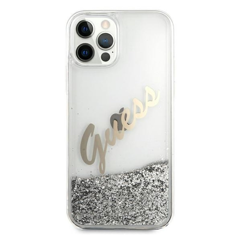 Guess Glitter Vintage Script – iPhone 12 Pro Max dėklas (sidabrinis)