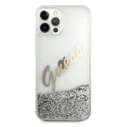 Guess Glitter Vintage Script – iPhone 12 Pro Max dėklas (sidabrinis)