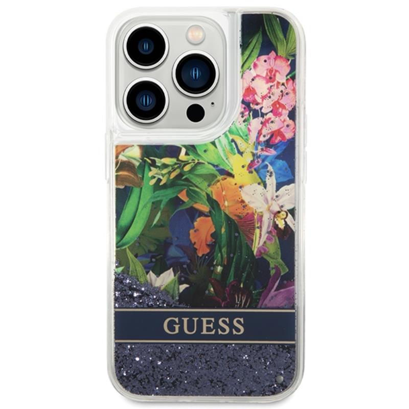 Guess Liquid Glitter Flower – dėklas, skirtas iPhone 14 Pro Max (mėlynas)