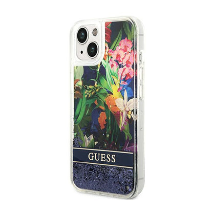 Guess Liquid Glitter Flower – dėklas iPhone 14 (mėlynas)