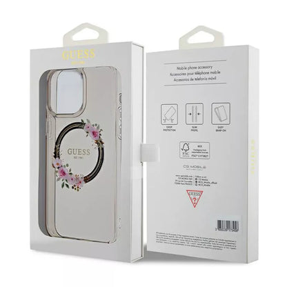 Guess IML Flowers Wreath MagSafe – dėklas iPhone 15 Pro Max (juodas)