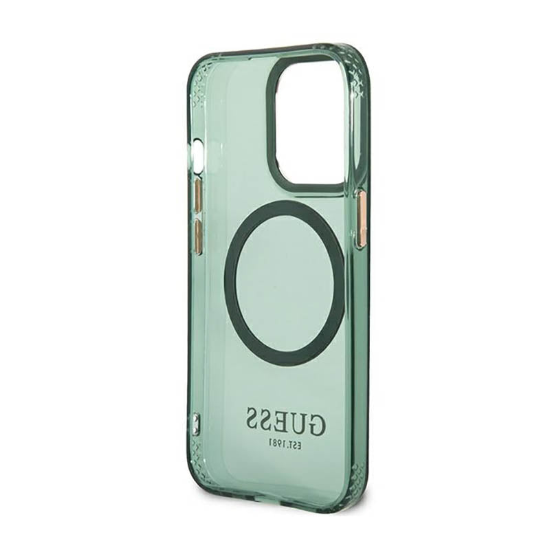 Guess Gold Outline Translucent MagSafe – dėklas, skirtas iPhone 13 Pro (žalias)