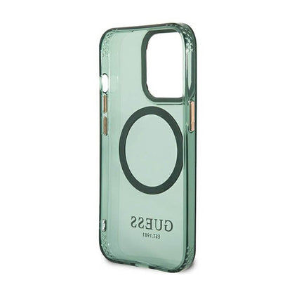 Guess Gold Outline Translucent MagSafe – dėklas, skirtas iPhone 13 Pro (žalias)