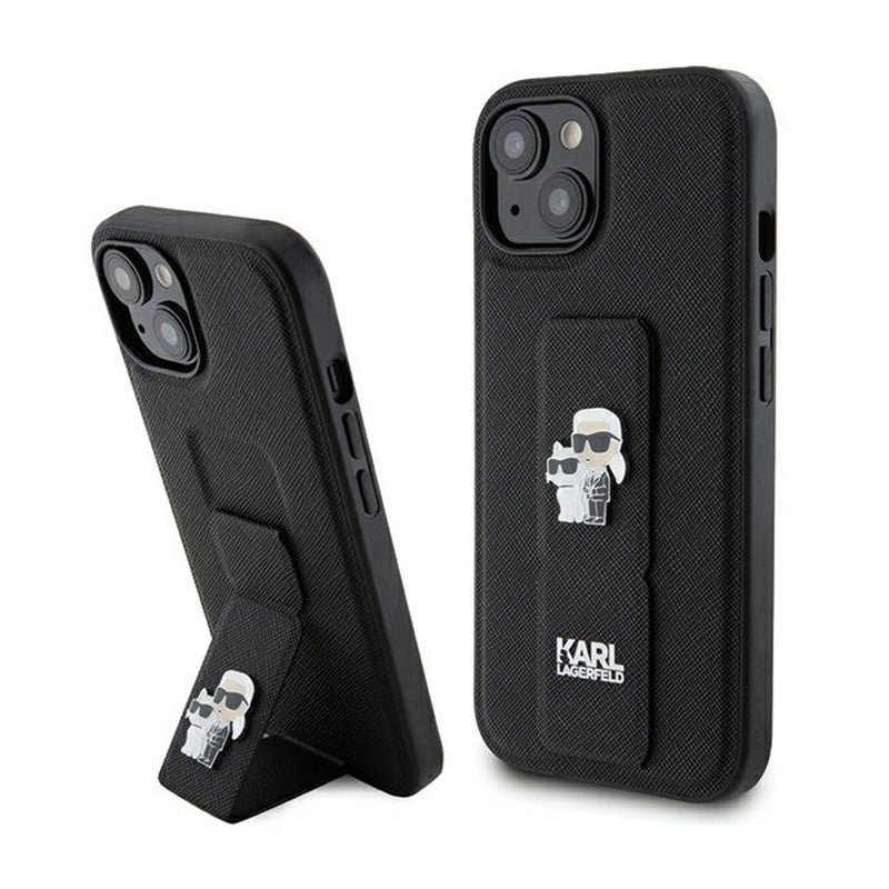 Karl Lagerfeld Gripstand Saffiano Karl & Choupette Pins – „iPhone 15 Plus“ dėklas (juodas)
