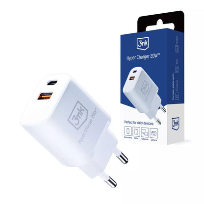 3mk Hyper Charger – USB-A QC 3.0 + USB-C PD 20W sieninis įkroviklis (baltas)