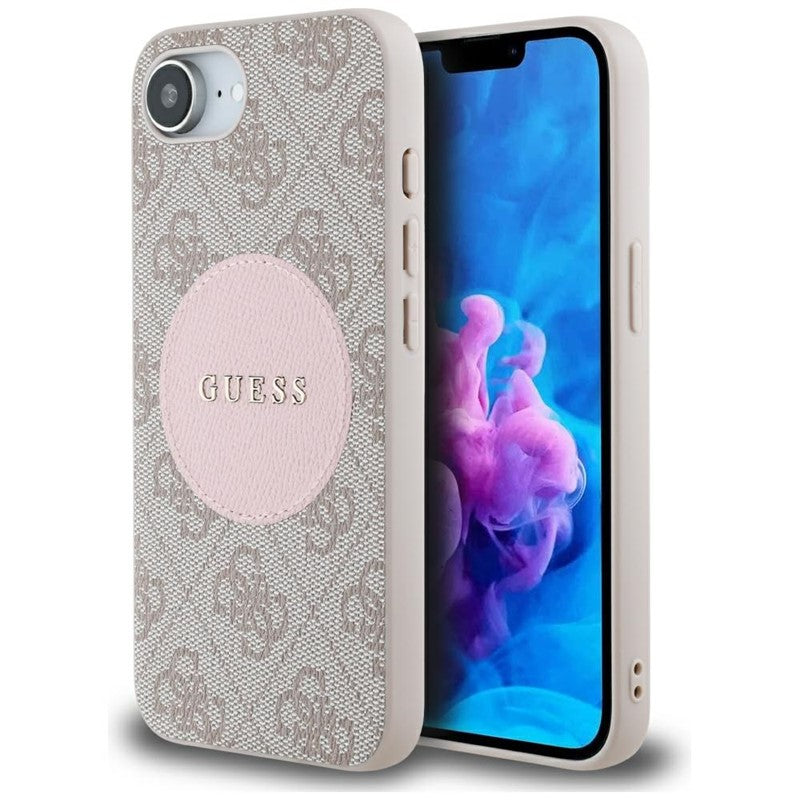 Guess 4G Circle Classic Logo MagSafe – dėklas iPhone 16e (rožinės spalvos)
