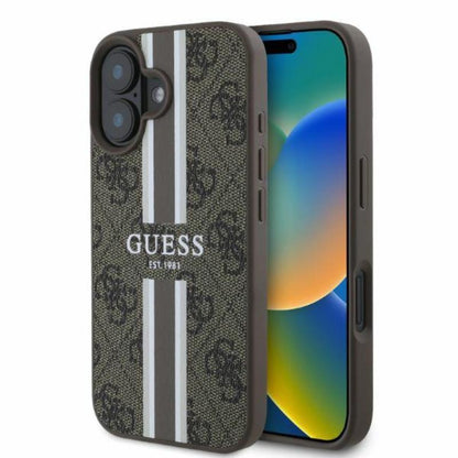 Guess 4G raštuotos juostelės MagSafe – dėklas, skirtas „iPhone 16“ (rudas)