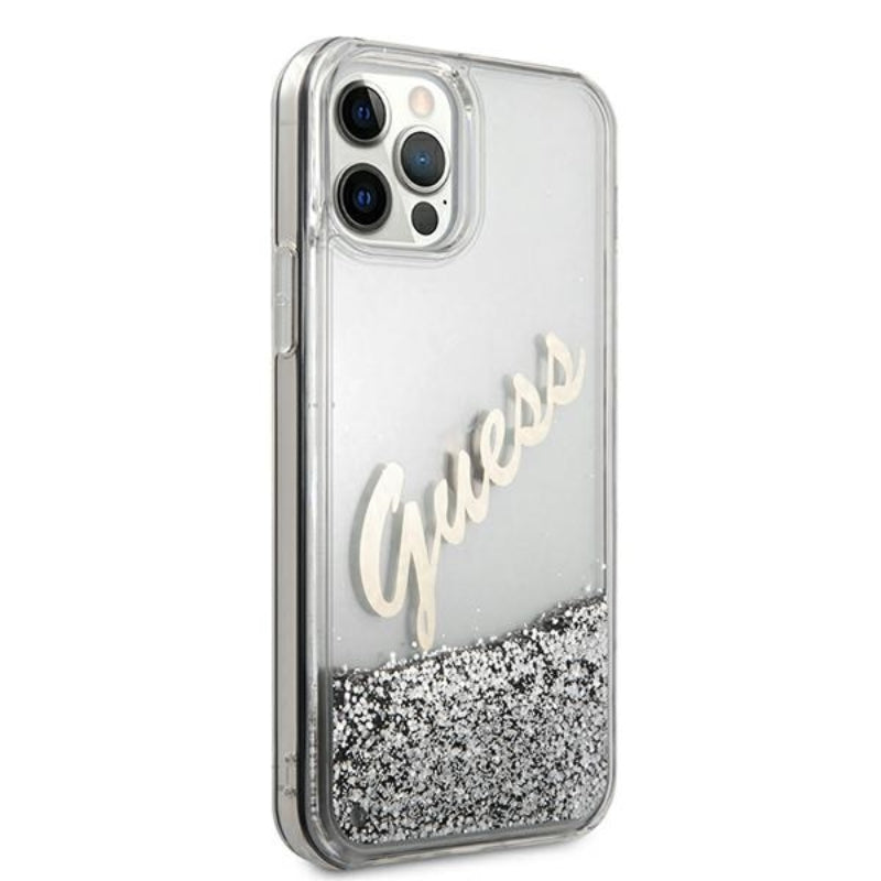 Guess Glitter Vintage Script – iPhone 12 Pro Max dėklas (sidabrinis)