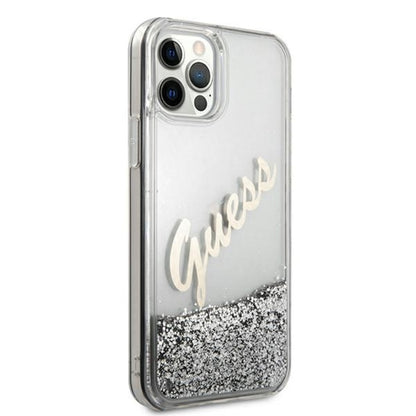 Guess Glitter Vintage Script – iPhone 12 Pro Max dėklas (sidabrinis)