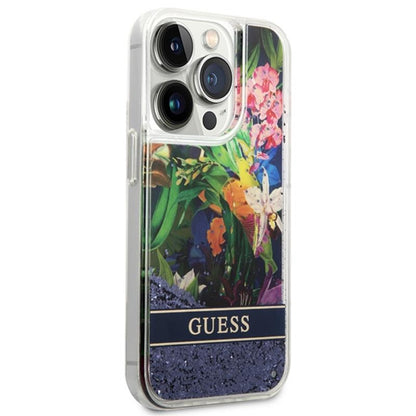 Guess Liquid Glitter Flower – dėklas, skirtas iPhone 14 Pro Max (mėlynas)
