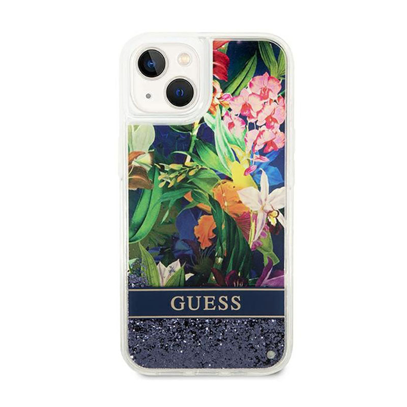 Guess Liquid Glitter Flower – dėklas iPhone 14 (mėlynas)