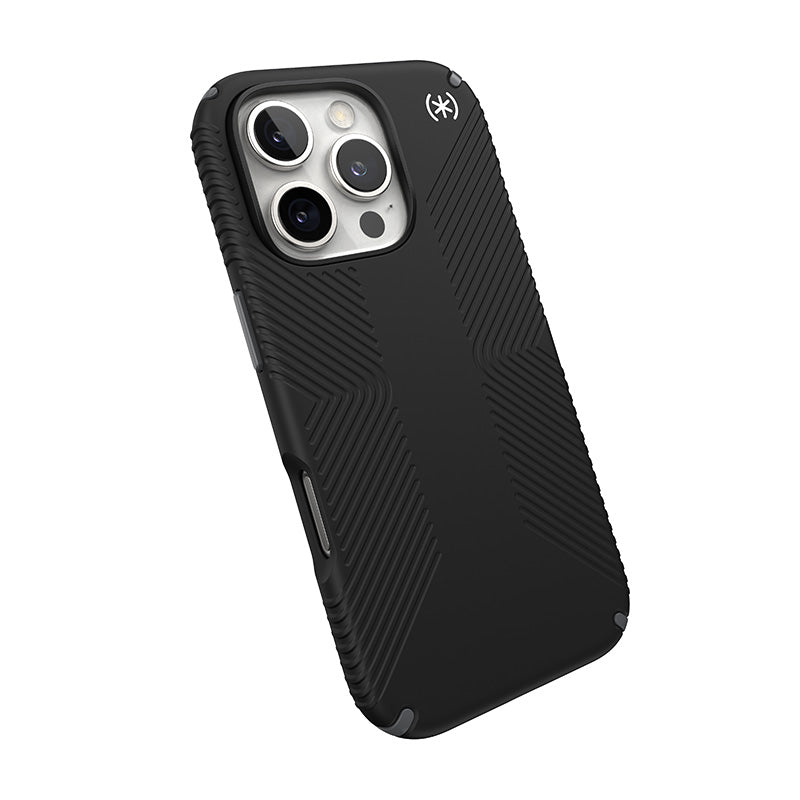 Speck Presidio2 Grip – dėklas, skirtas iPhone 16 Pro (juoda / skalūnų pilka / balta)