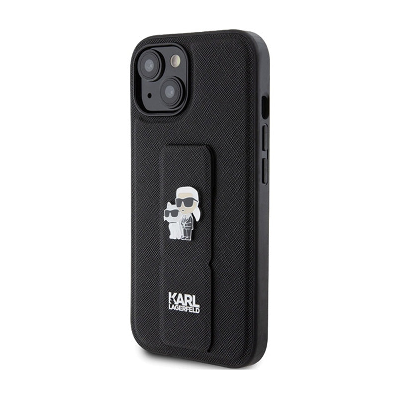 Karl Lagerfeld Gripstand Saffiano Karl & Choupette Pins – „iPhone 15 Plus“ dėklas (juodas)