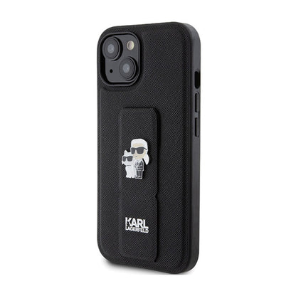Karl Lagerfeld Gripstand Saffiano Karl & Choupette Pins – „iPhone 15 Plus“ dėklas (juodas)