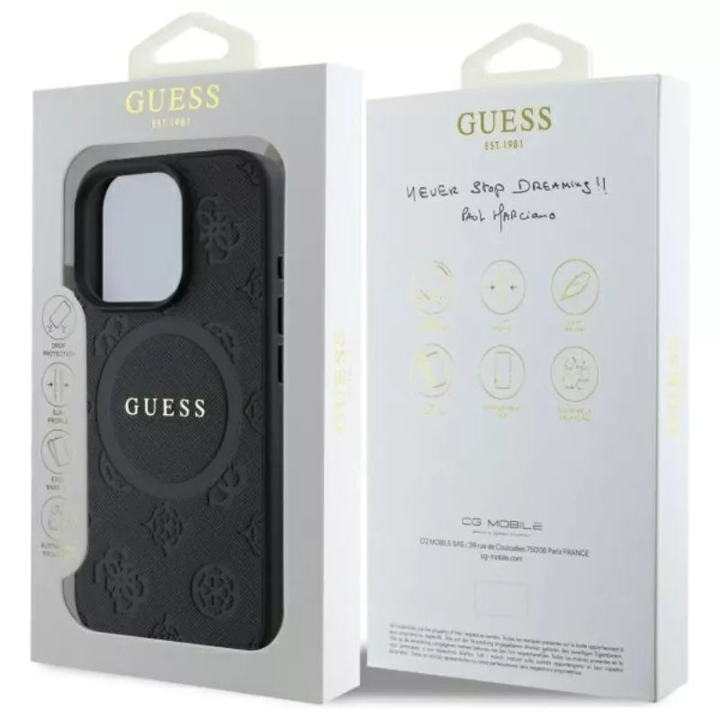 Guess Saffiano Peony Classic Logo MagSafe - dėklas iPhone 16 Pro Max (juoda)