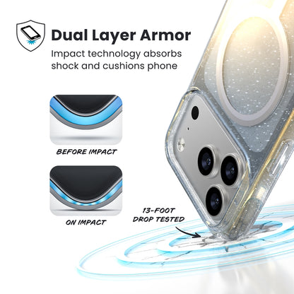 Speck Presidio Lux MagSafe dėklas - iPhone 17 Pro dėklas (Hyper Mirror Glitter / Silver Metallic)