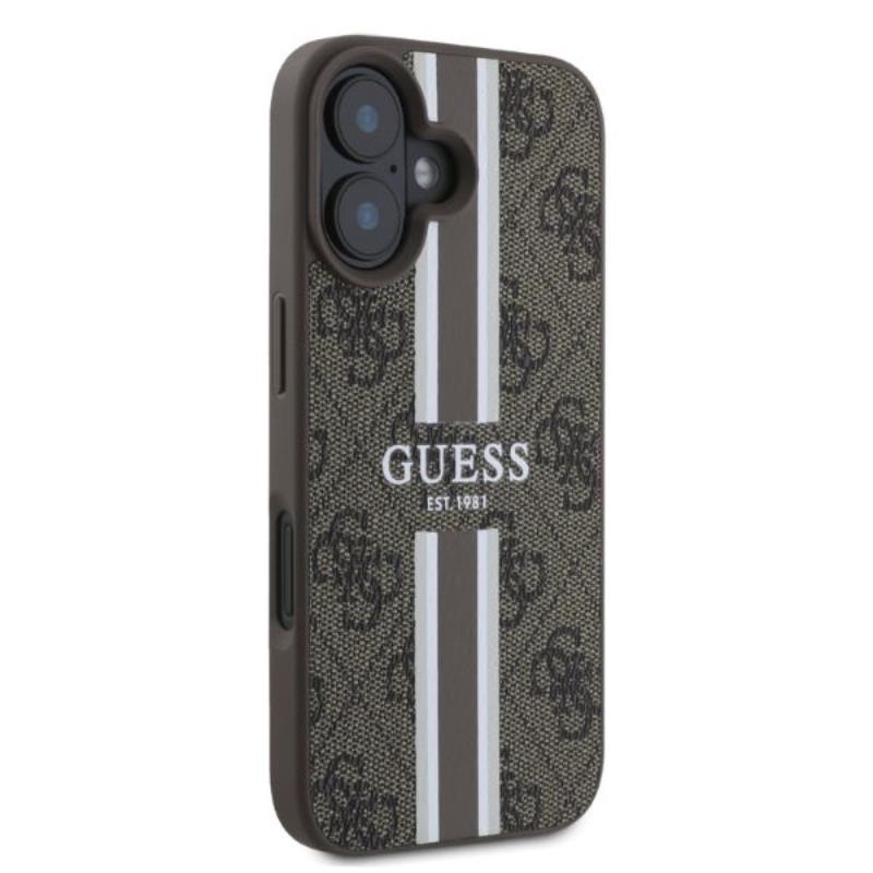 Guess 4G raštuotos juostelės MagSafe – dėklas, skirtas „iPhone 16“ (rudas)