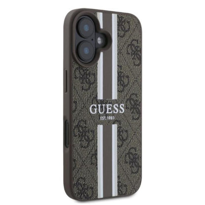 Guess 4G raštuotos juostelės MagSafe – dėklas, skirtas „iPhone 16“ (rudas)