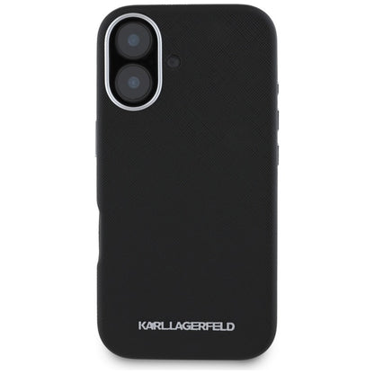 Karl Lagerfeld Saffiano Full Wrapped Elongated Metal Logo MagSafe – dėklas, skirtas iPhone 16 (juodas)