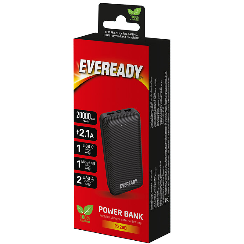 Eveready PX20B – išorinė baterija 20000 mAh, 2x USB-A (juoda)