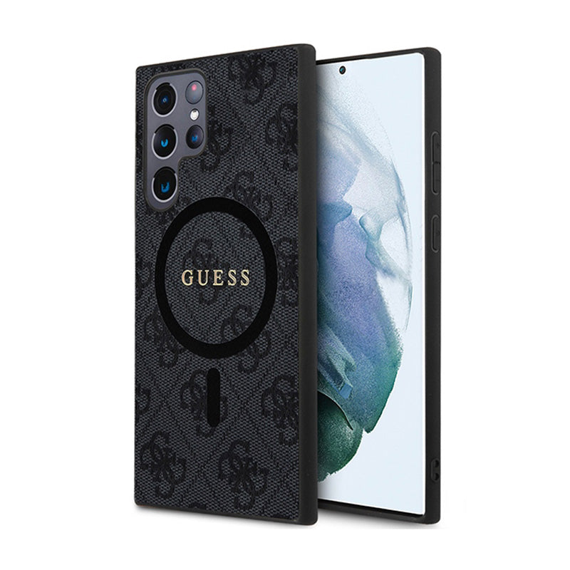 Guess 4G Collection Leather Metal Logo MagSafe – dėklas Samsung Galaxy S24 Ultra (juodas)