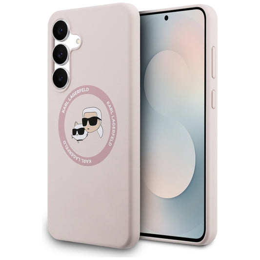 Karl Lagerfeld Silikoninis MagSafe dėklas su Karl & Choupette galvutėmis – Samsung Galaxy S25 FE (rožinis)