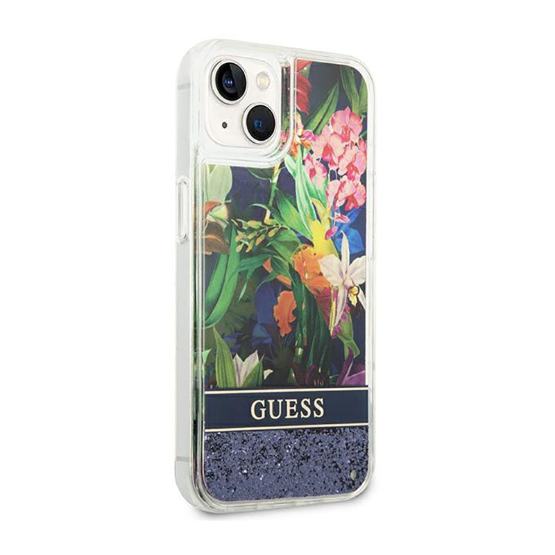Guess Liquid Glitter Flower – dėklas iPhone 14 (mėlynas)