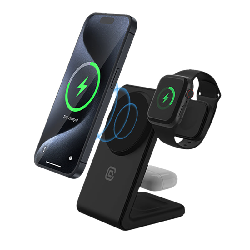 Crong MagSpot Pivot Stand - 3-in-1 belaidis įkroviklis su MagSafe, skirtas iPhone, Apple Watch ir AirPods (juodas)