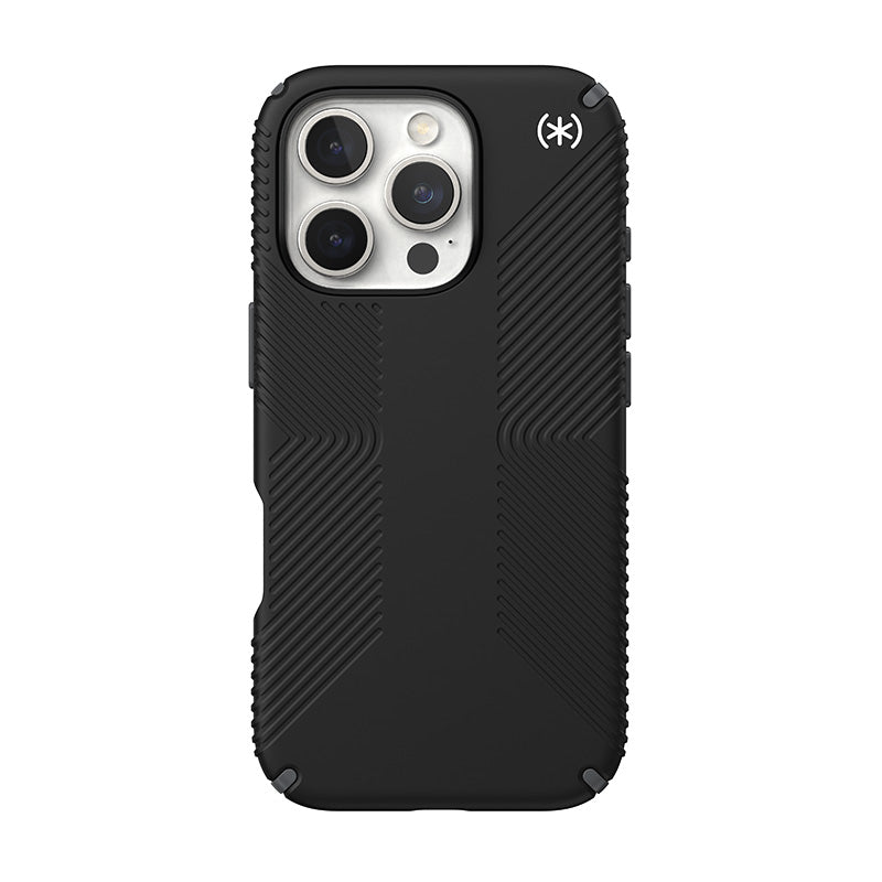 Speck Presidio2 Grip – dėklas, skirtas iPhone 16 Pro (juoda / skalūnų pilka / balta)
