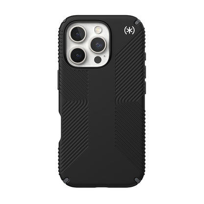 Speck Presidio2 Grip – dėklas, skirtas iPhone 16 Pro (juoda / skalūnų pilka / balta)