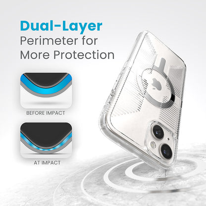 Speck Gemshell Grip + MagSafe – dėklas, skirtas iPhone 15 Plus / iPhone 14 Plus (skaidrus / chromo apdaila)
