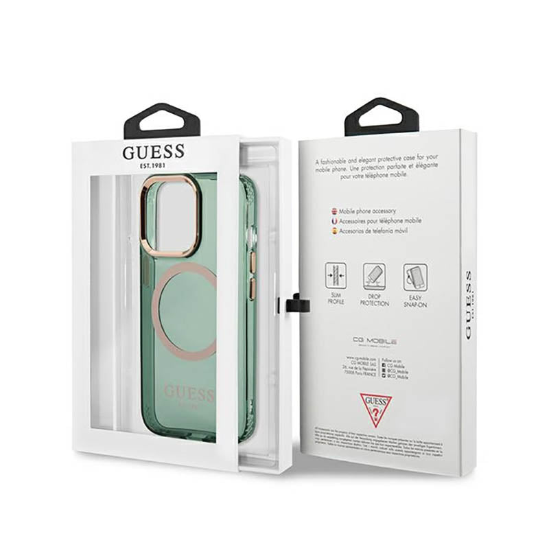 Guess Gold Outline Translucent MagSafe – dėklas, skirtas iPhone 13 Pro (žalias)