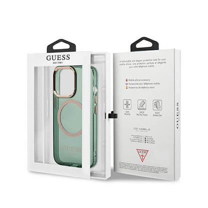 Guess Gold Outline Translucent MagSafe – dėklas, skirtas iPhone 13 Pro (žalias)