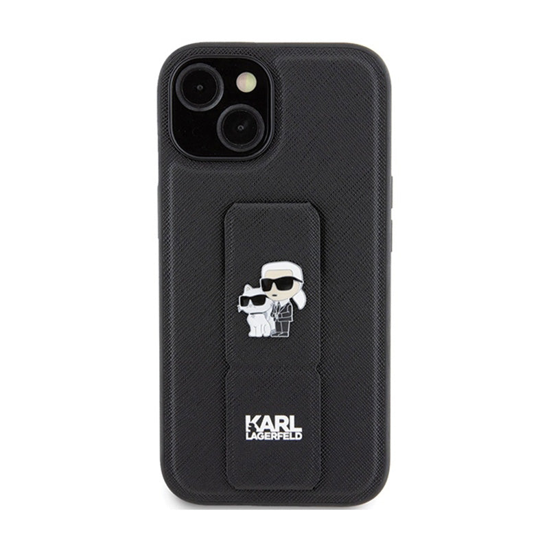 Karl Lagerfeld Gripstand Saffiano Karl & Choupette Pins – „iPhone 15 Plus“ dėklas (juodas)