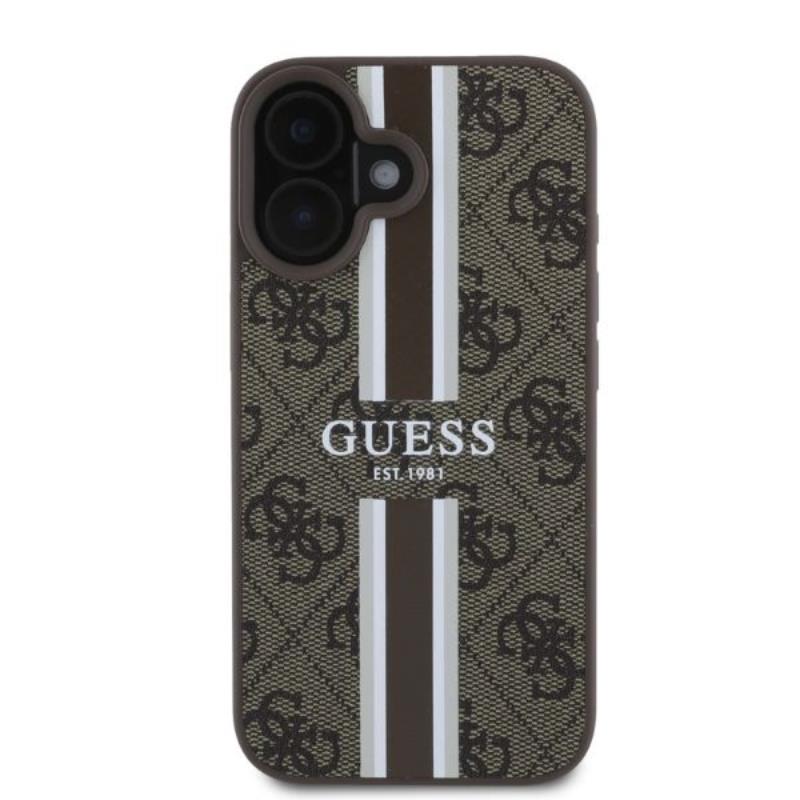 Guess 4G raštuotos juostelės MagSafe – dėklas, skirtas „iPhone 16“ (rudas)