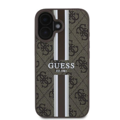 Guess 4G raštuotos juostelės MagSafe – dėklas, skirtas „iPhone 16“ (rudas)
