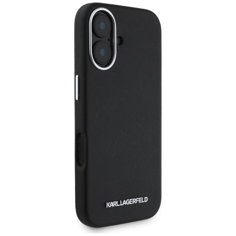 Karl Lagerfeld Saffiano Full Wrapped Elongated Metal Logo MagSafe – dėklas, skirtas iPhone 16 (juodas)
