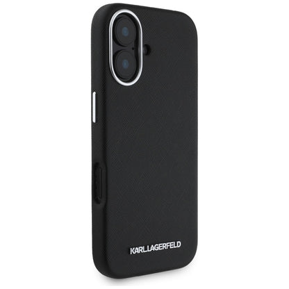 Karl Lagerfeld Saffiano Full Wrapped Elongated Metal Logo MagSafe – dėklas, skirtas iPhone 16 (juodas)