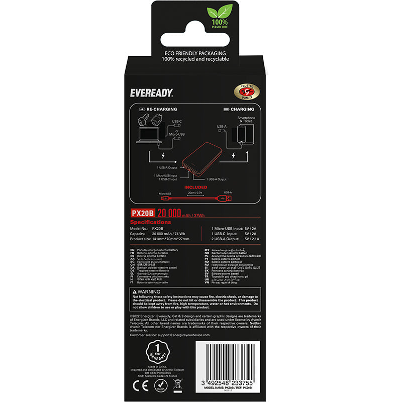 Eveready PX20B – išorinė baterija 20000 mAh, 2x USB-A (juoda)