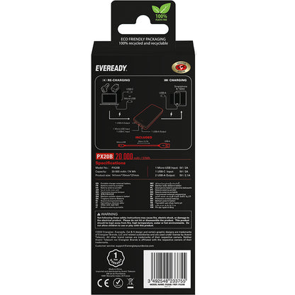 Eveready PX20B – išorinė baterija 20000 mAh, 2x USB-A (juoda)