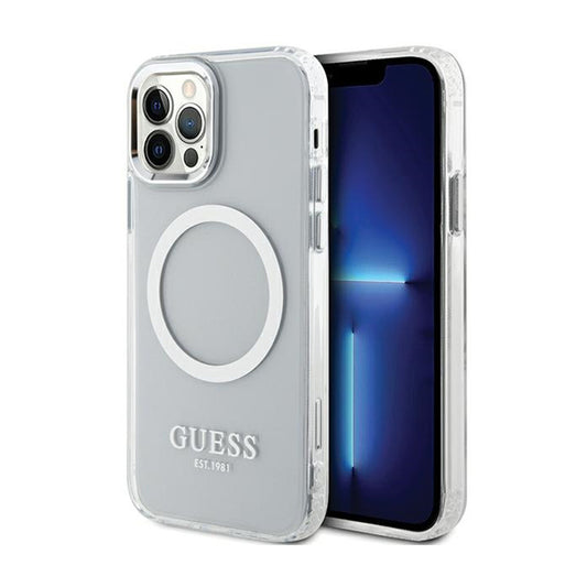 Guess Metal Outline MagSafe – dėklas, skirtas iPhone 12 / iPhone 12 Pro (skaidrus / sidabrinis)