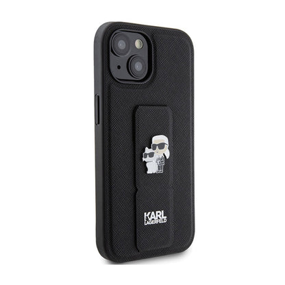Karl Lagerfeld Gripstand Saffiano Karl & Choupette Pins – „iPhone 15 Plus“ dėklas (juodas)