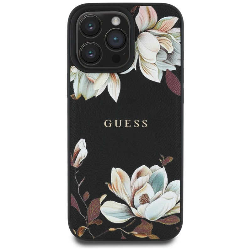 Guess Grūdėtas spausdintas gėlių raštas MagSafe dėklas iPhone 16 Pro (juodas)