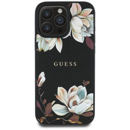 Guess Grūdėtas spausdintas gėlių raštas MagSafe dėklas iPhone 16 Pro (juodas)