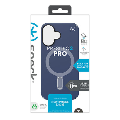 Speck Presidio2 Pro ClickLock & MagSafe – Dėklas, skirtas „iPhone 16“ (Pakrantės mėlyna / Dulkių pilka / Balta)