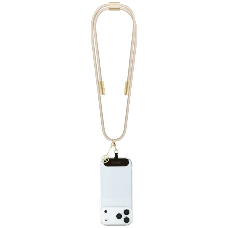 Guess Dirželis per petį 4G Charm - Universalus telefono dirželis / USB-C į USB-C kabelis 1.5m (Smėlio spalvos)